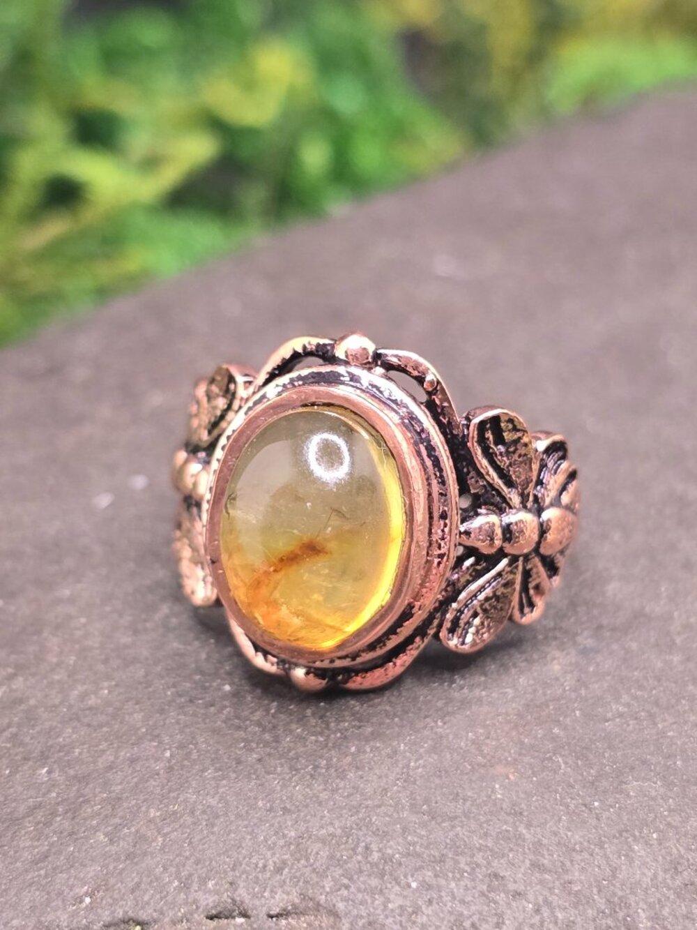 Amber Copper Floral Ring Size 7 Oval Honey Gemstone Statement Jewelry